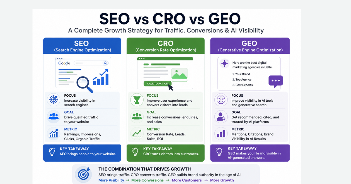 SEO vs CRO vs GEO comparison chart for traffic leads and AI visibility
