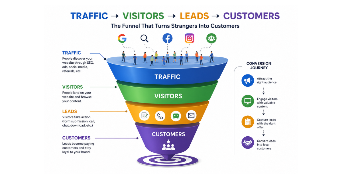 Traffic visitors leads customers conversion funnel diagram